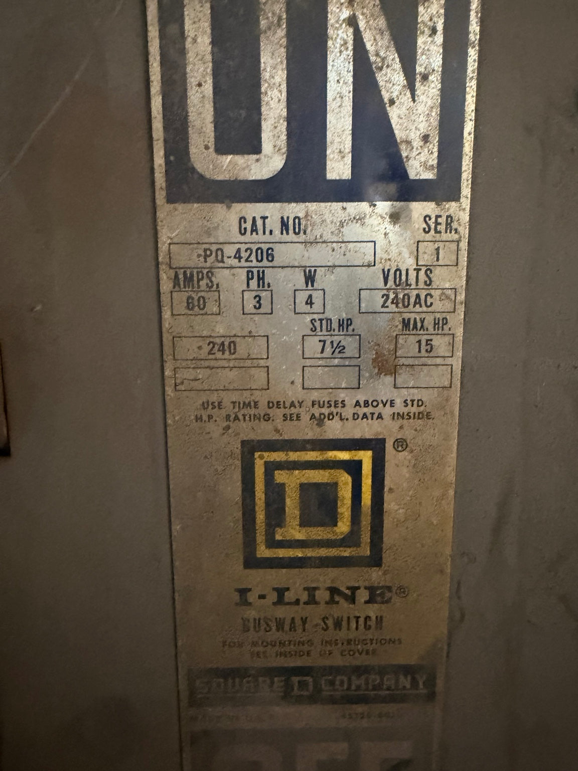 Actual nameplate for Square D PQ-4206 60A busway switch