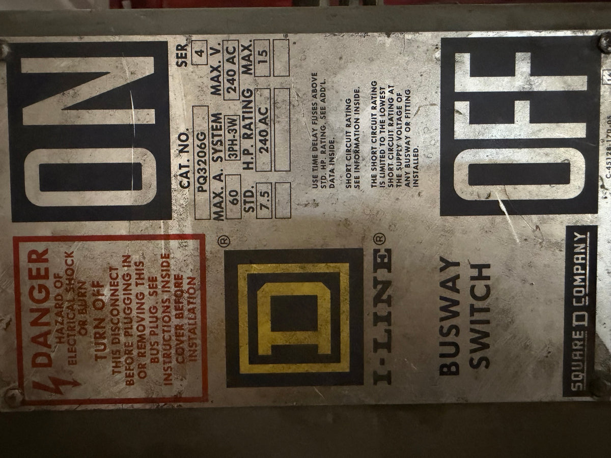 Actual nameplate for Square D PQ3206G 60A busway switch